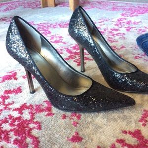 🐘 GUESS Stilleto Black Glitter Chrome Heels 8 🐘